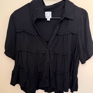 Blue Rain Black Button-Up Ruffled Blouse